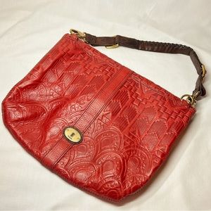 Fossil Imprint Leather Fold Over Bag Purse Convertible Whipstitch Strap GORGEOUS